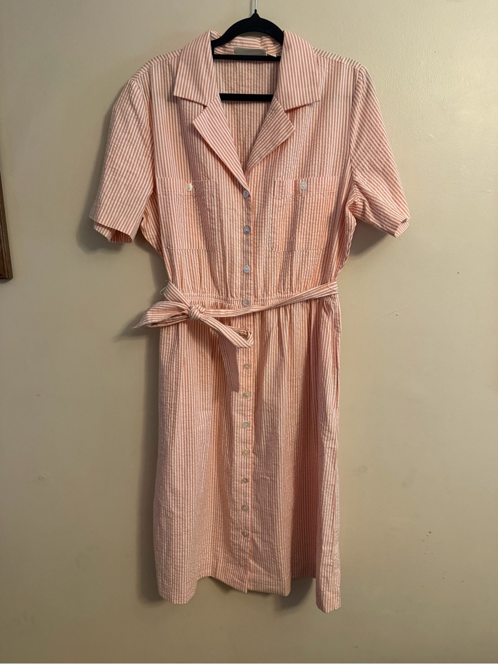 Norm Thompson Coral and White Striped Midi Shirt Dress with Waist Tie